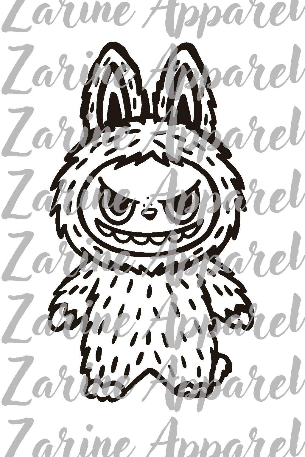 Black and white illustration of a cat-like creature with bunny ears on a white background with 'Zarine Apparel' text.