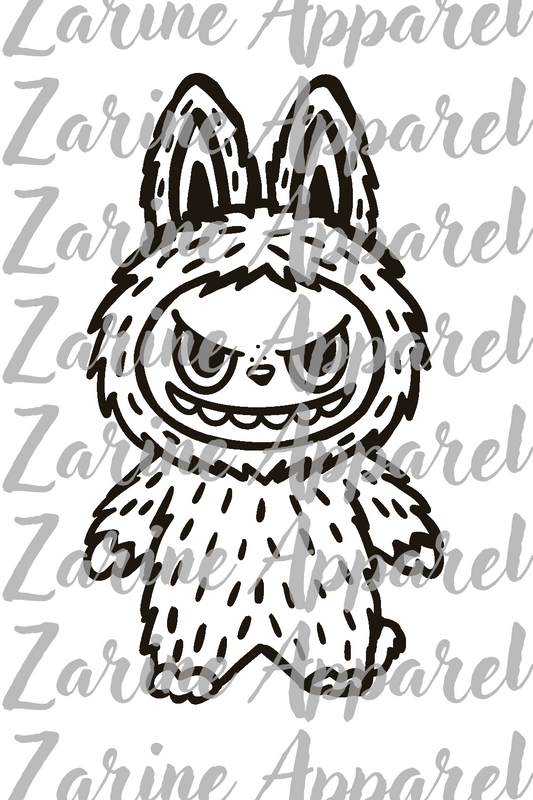 Black and white illustration of a cat-like creature with bunny ears on a white background with 'Zarine Apparel' text.