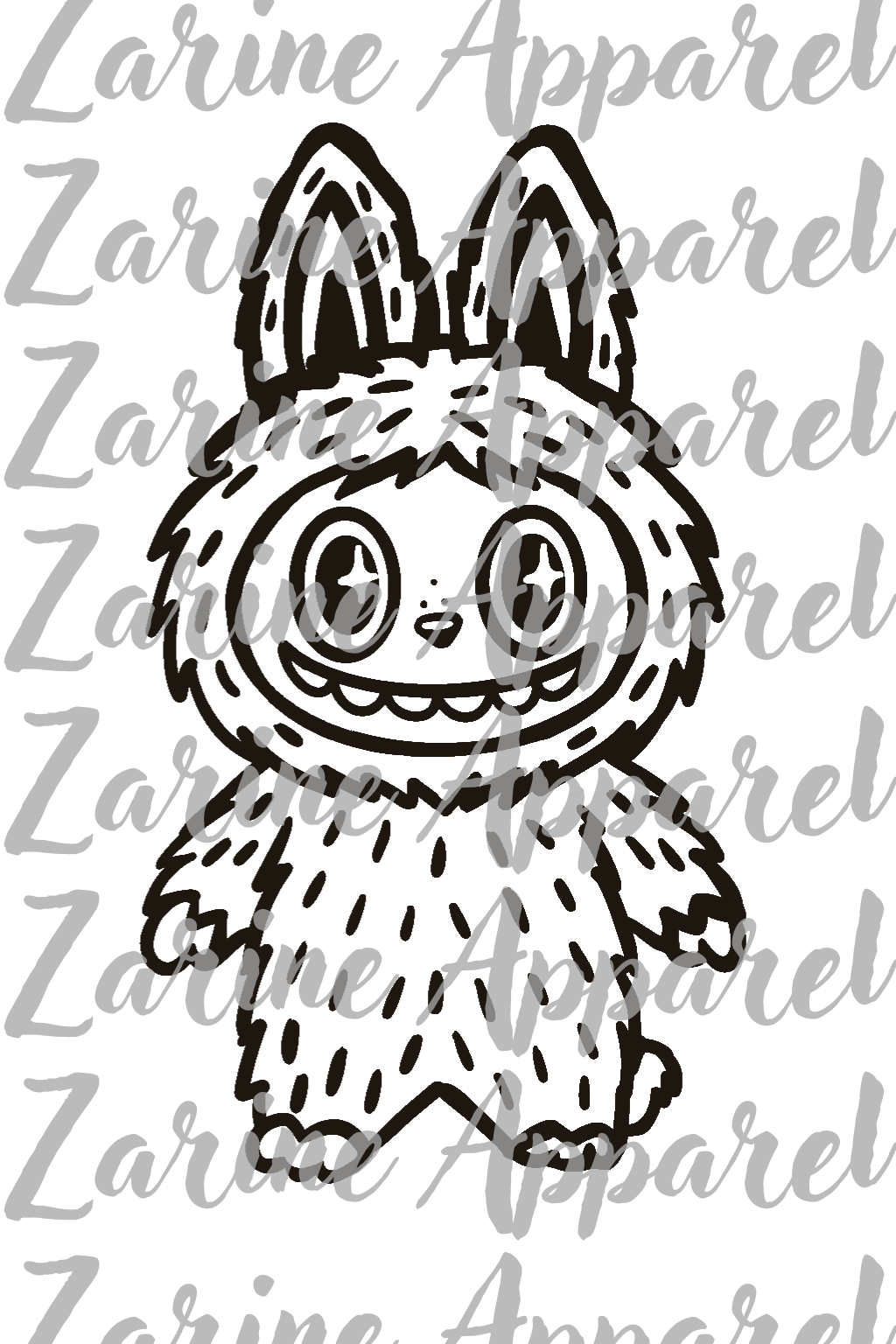 Black and white illustration of a character with bunny ears on a gray background with 'Zarine Apparel' text.